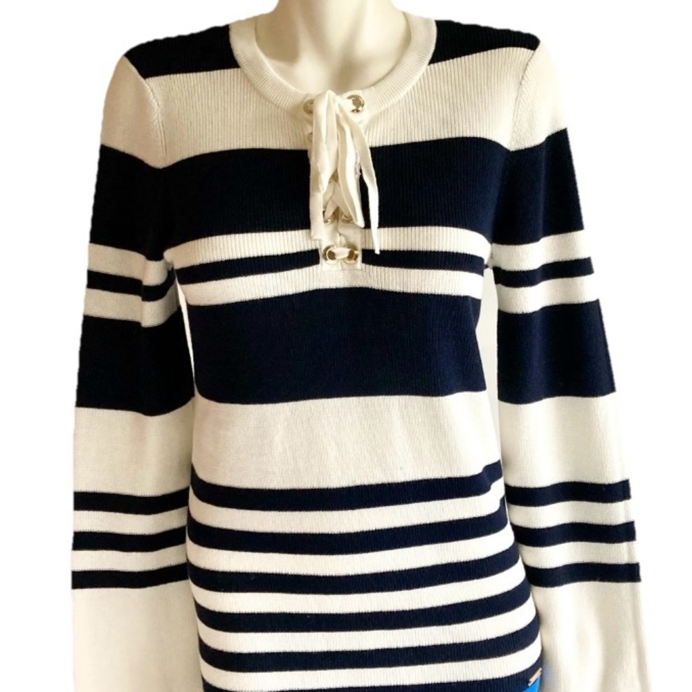 New Tommy Hilfiger Navy White Blue Cotton Striped Sweater size M